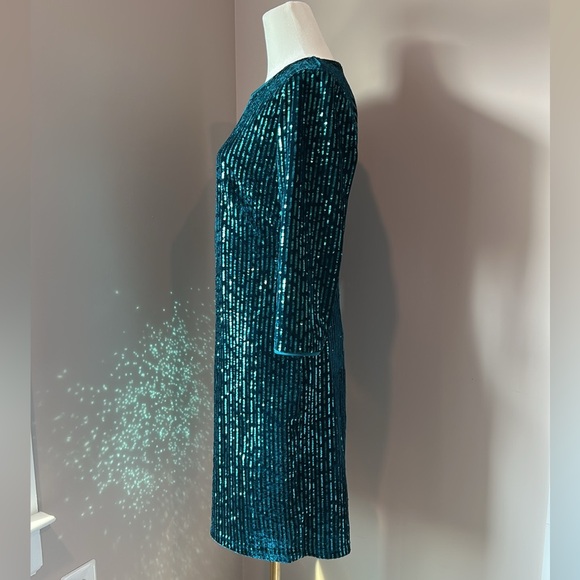 New Julia Jordan Teal Velvet Sequin Stripe Long Sleeve Sheath Party Dress Size 4 - Picture 3 of 11